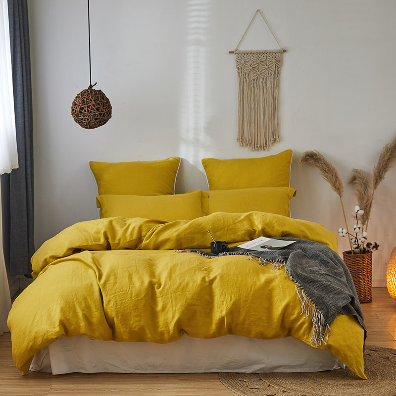 Ensemble de housse de couette 100% lin, Housse de couette grand + 2 taies d'oreiller, Jaune moutarde