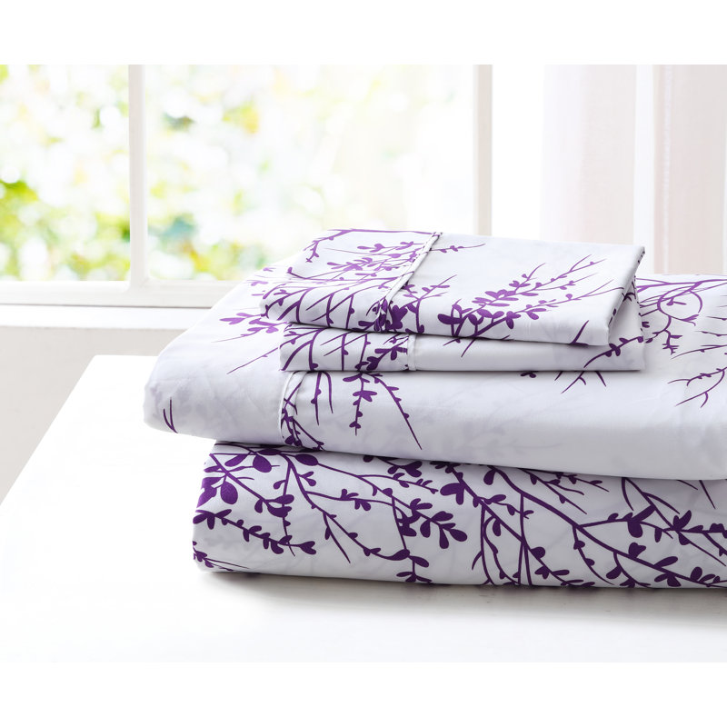Ensemble de draps en microfibre Foliage, Ivoire / Mauve, Drap pour taille de lit très grand avec drap-hous