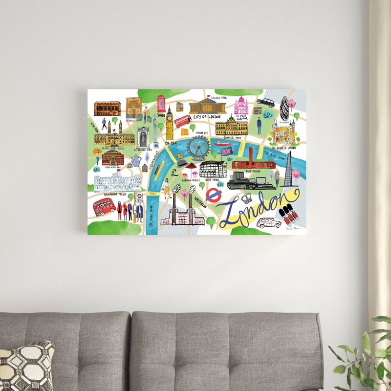 «London Map» par Farida Zaman, reproduction d'art sur toile tendue, H 24 po x l 36 po