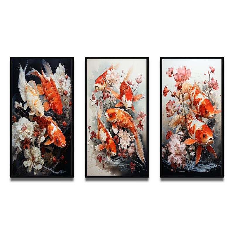 3 Piece Print Set - Fishing Contemporary Koi Fish, 40" H x 60" W, Black Framed