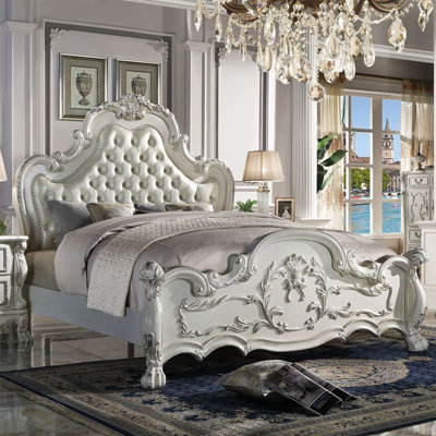 Ally Bed, Classical White Faux Leather Victorian Carved Wood