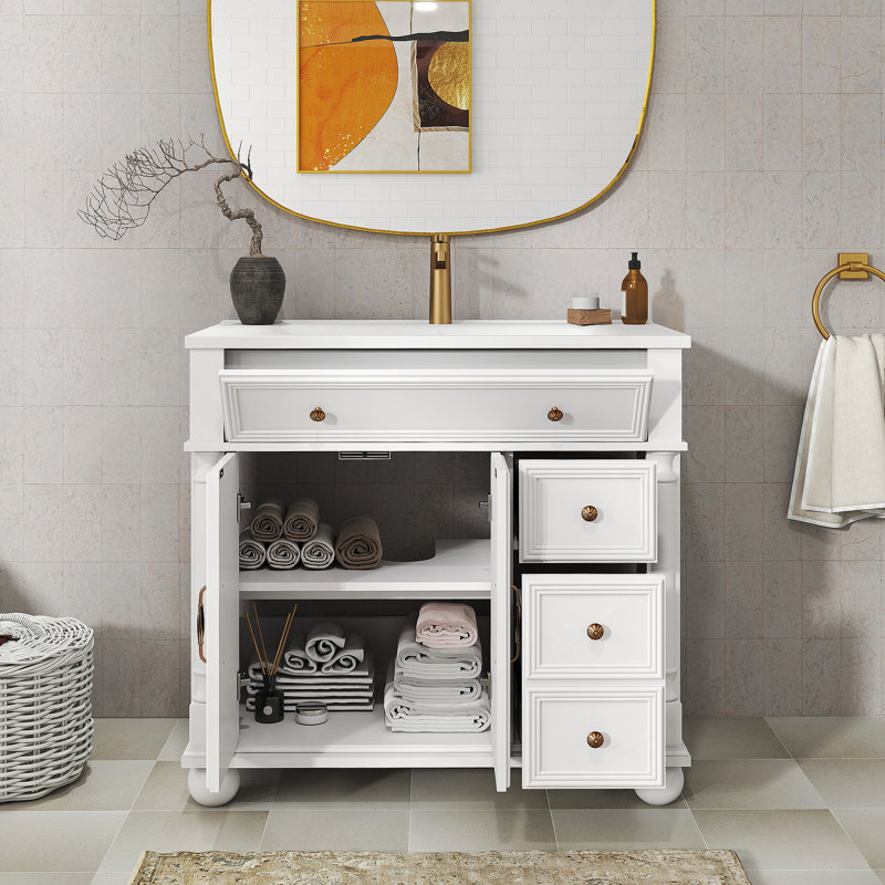 Bathroom Vanity With Sink, Freestanding Bathroom Vanity With 1 Flip-Top Drawer And 2 Storage Drawers, White