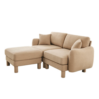 Boucle Fabric Sectional 2-Seater Loveseat Sofa Couch With Distinctive Shell-Shaped Armrests And Removable Ottoman,Cylindrical Legs Wrapped With Self-Fabric,Coffee Color