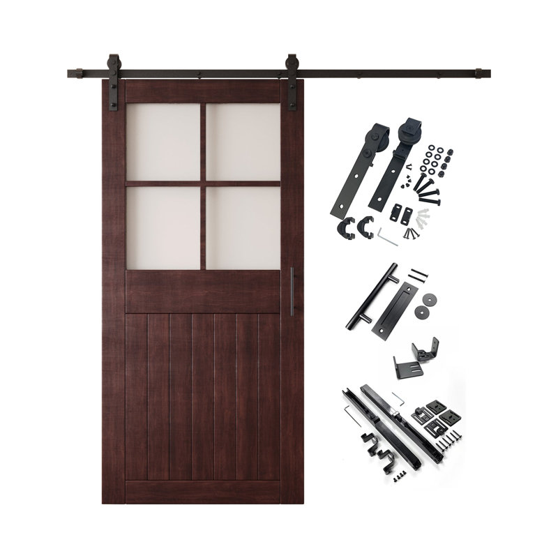 Porte de grange en verre givré non assemblé et fini 26 po x 84 po Homacer Red Homacer de 26 po x 84 po avec quincaillerie d'installation sans dérivation, rail de 4,5 pi, utilisation intérieure seulement