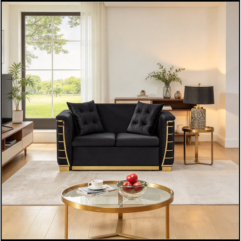 Causeuse en velours capitonnée avec coussins et pieds en métal, Black