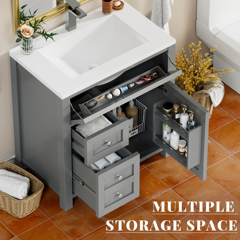 30'' Farmhouse Bathroom Vanity with Sink, Wood Stand Cabinet with Drawers, Multi-Functional Storage, Gray