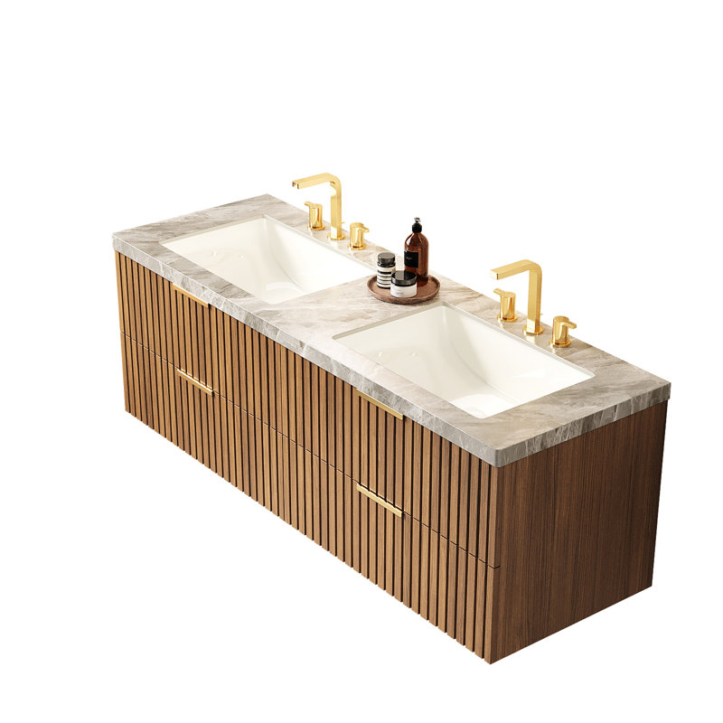 Meuble-lavabo de salle de bain avec 2 lavabos, comptoir en pierre frittée, tiroirs, lavabo en contreplaqué, armoire