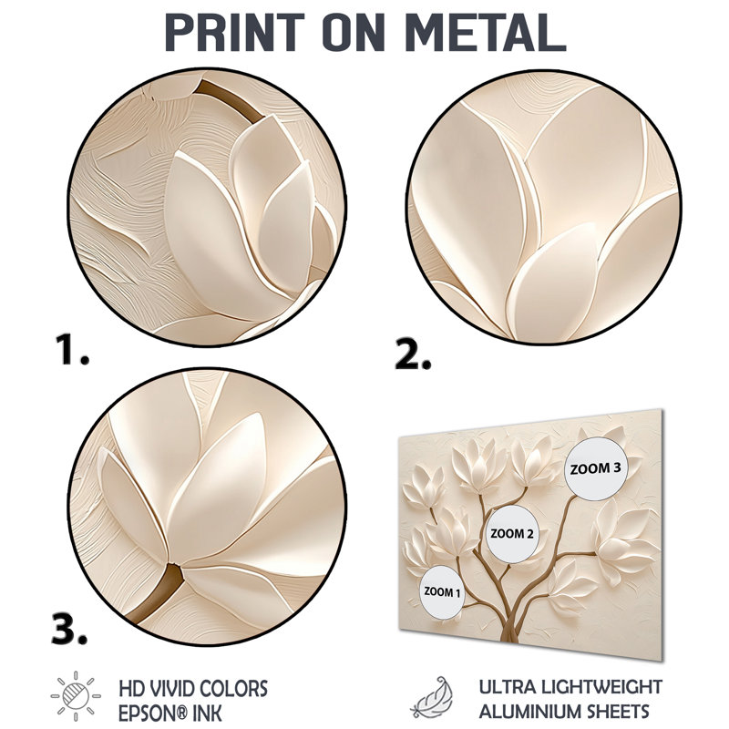 Décoration murale en métal blanc, magnolia blanc éclatant II - magnolias, H 34 po x l 44 po x P 0,84 po