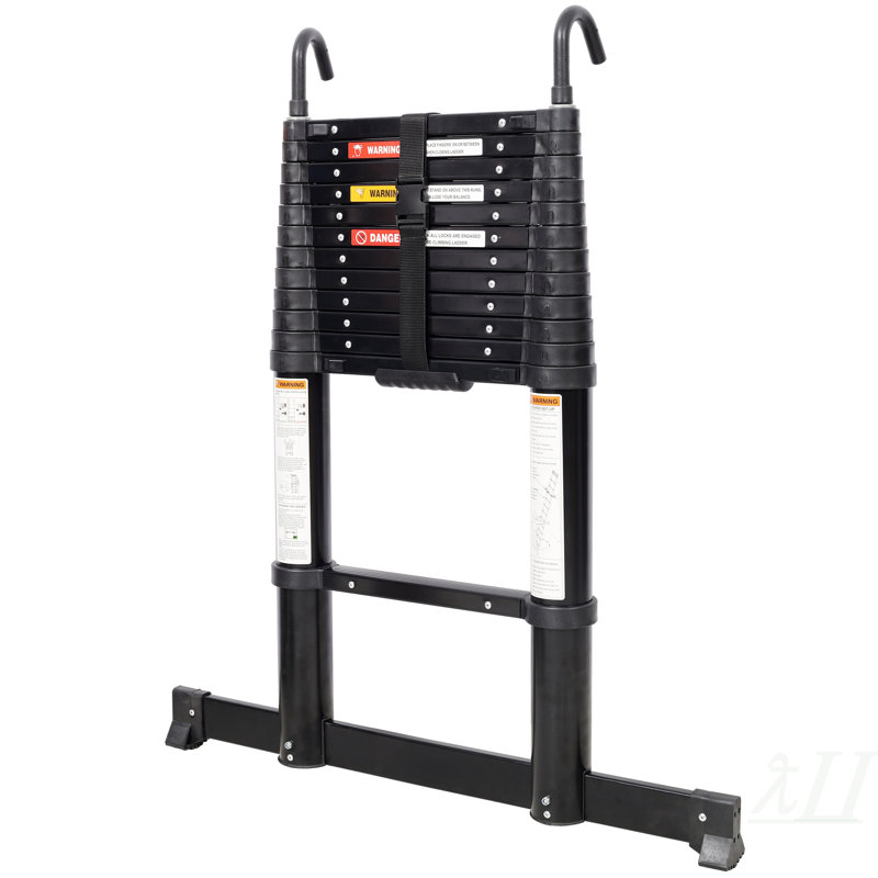 Échelle télescopique en aluminium 12,5 pi avec pieds antidérapants et crochet stable, fonction de sécurité de ralentissement avec échelle d'extension portative pour le travail domestique et extérieur, capacité de 330 lb, noir