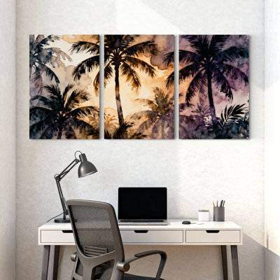 Palmiers, palmiers, coucher de soleil, silhouette, paysage tropical, ensemble de 3 reproductions d'art sur toile
