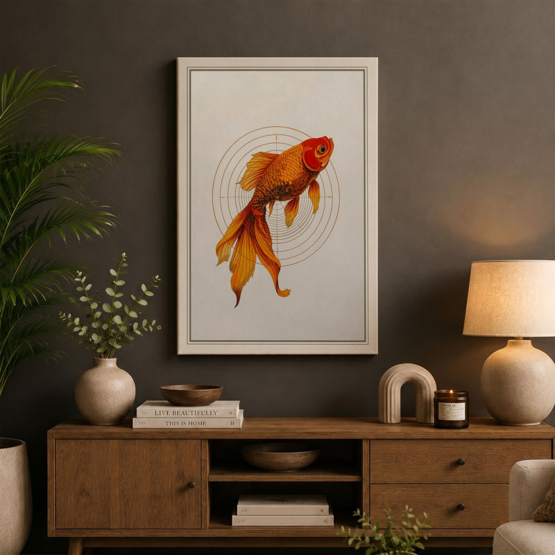 Goldfish in Ripples Japandi - Wrapped Canvas, 36x24 - 91.4 x 61.0 cm, Cream Border