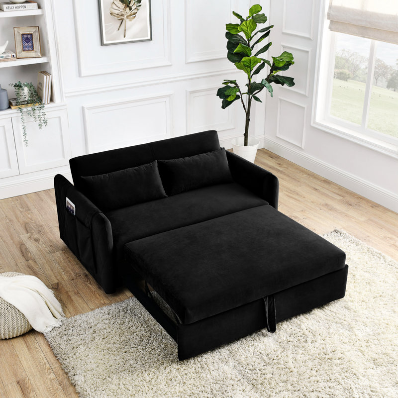 Leiyla Modern 55" Convertible Sofa Bed with Detachable Arm Pockets, Black Velvet