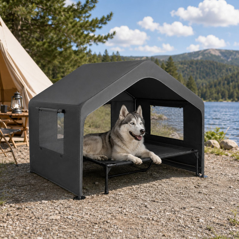 Outdoor Dog Shelter with Elevated Bed & Mesh Windows