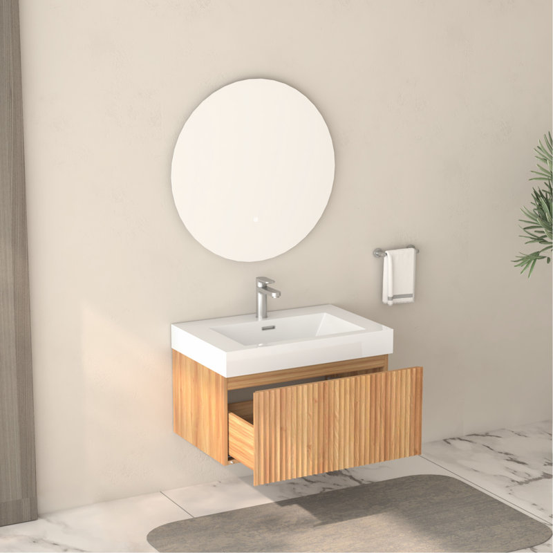 Meuble-lavabo de 30 po avec lavabo et lavabo intégré, fixé au mur en couleur, minimaliste moderne pour les petites salles de bain, conception d'espace, lavabo, armoire en contreplaqué, poignées, installation à 90 bricolage