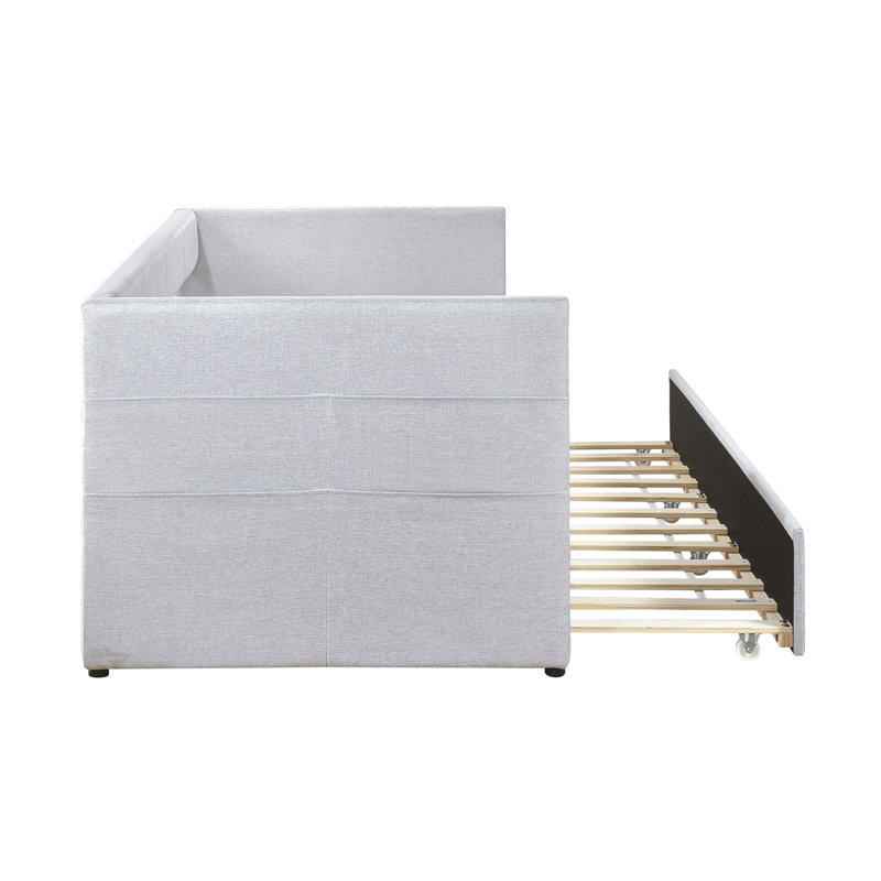 Modern Daybed Pull-Out Trundle With Side Pockets, Twin Upholstery Daybed And Nailhead Trim, Light Gray