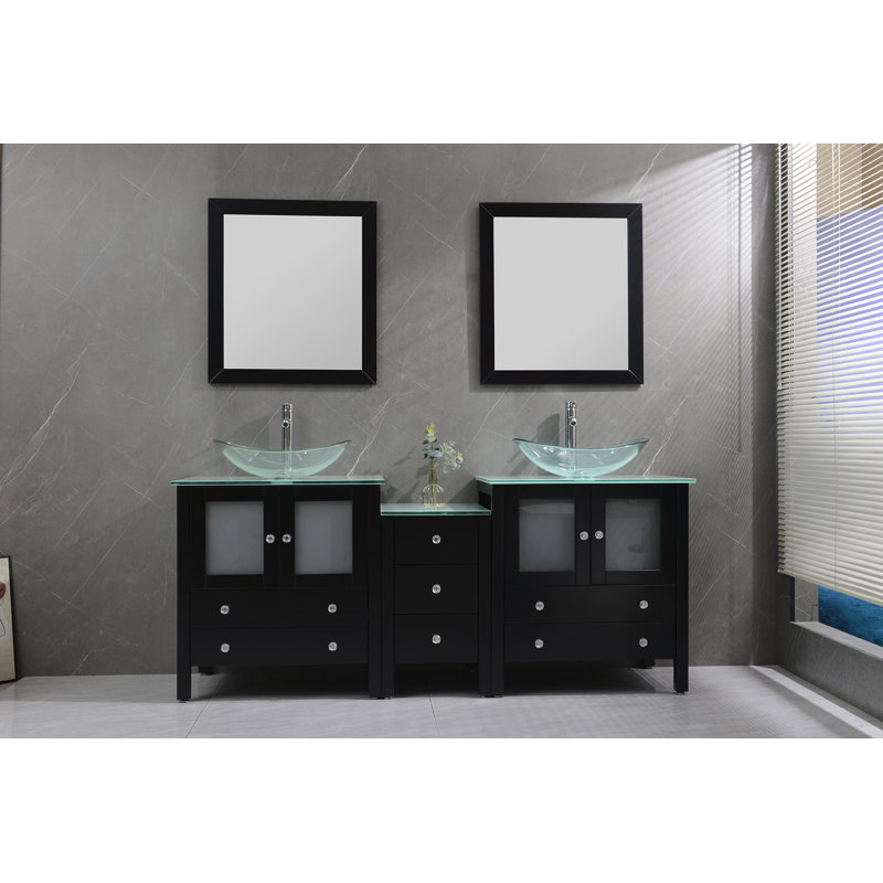 Jahziah 74.5'' Double Bathroom Vanity with Tempered Glass Top, Black