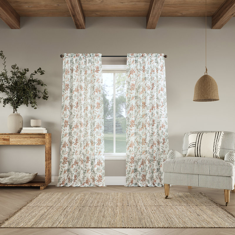 Alethea Floral Print Crushed Voile Sheer Rod Pocket Curtain Panel, 51" W x 84" L, White