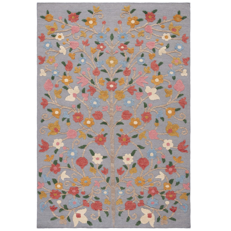 Sefika Hand Knotted Wool/Cotton Floral Rug in Pink/Grey, Rectangle 6' x 9'