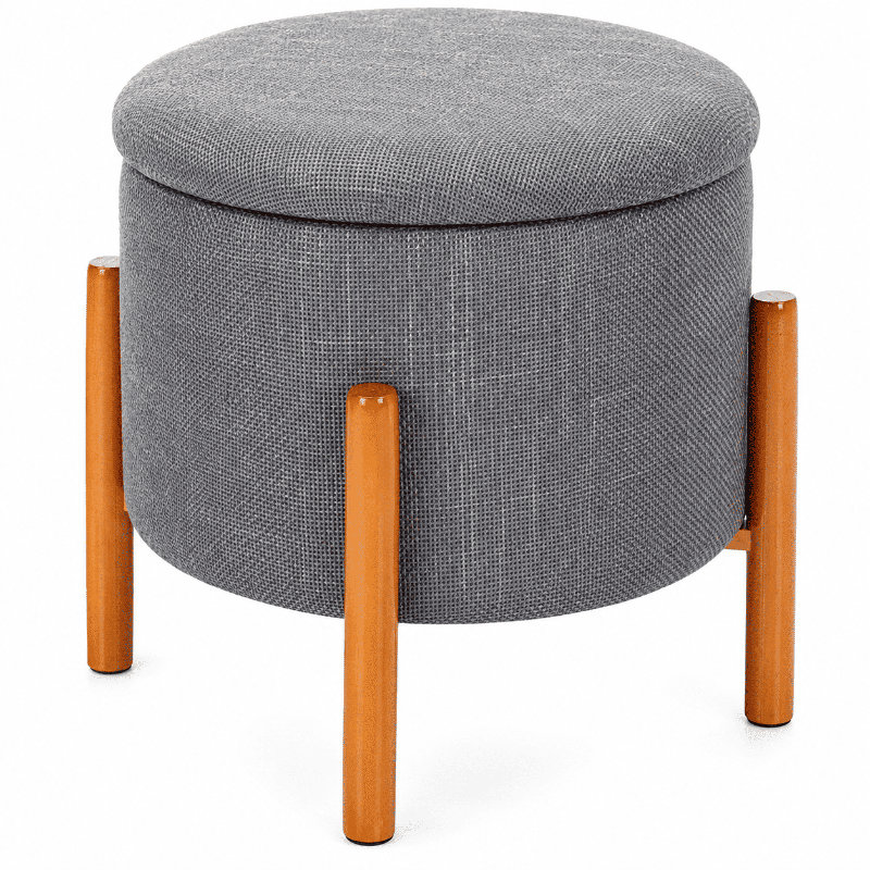 Round Linen Storage Ottoman with Reversible Wood Tray and Pine Legs, Gray, 21", Gray