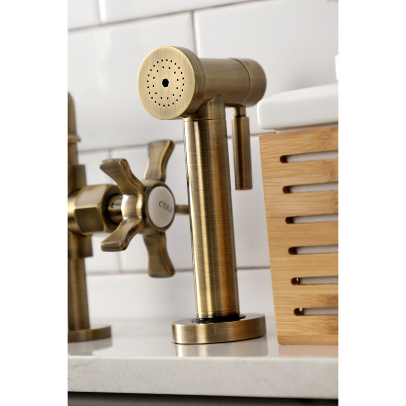 Kingston Brass Two-Handle 4-Hole Deck Mount Industrial Style Bridge Kitchen Faucet with Brass Side Sprayer, null, null