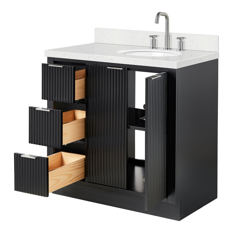Ensemble de meuble-lavabo simple en bois massif de 36 po avec plateau en quartz Carrara de 1,5 po Haun, évier droit, lavabo ovale