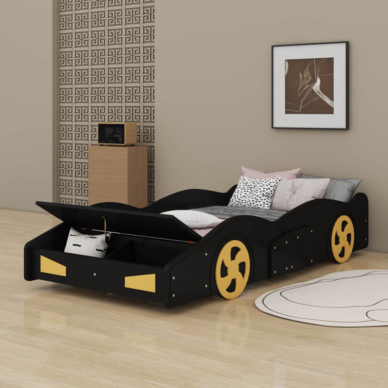 Car-Shaped Platform Bed With Wheels And Storage, Twin , Black/Yellow