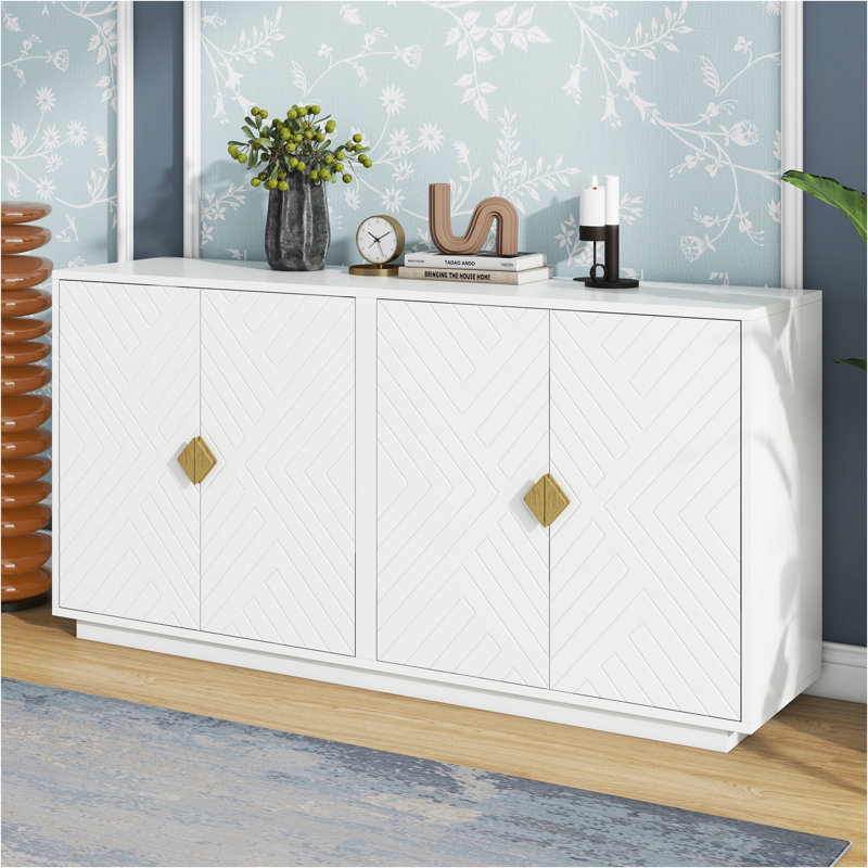 Buffet de 60 po Jadynn, table de buffet, crédence de bureau à quatre portes, Blanc