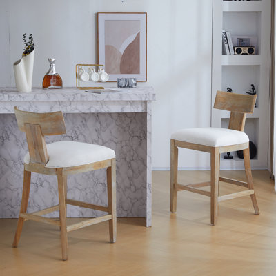 Ensemble de 2 tabourets de comptoir 27 po, tabourets de bar rembourrés à hauteur de comptoir avec structure en bois d'hévéa massif, dossier, repose-pieds, tabourets de bar sans accoudoir pour bar personnel, comptoir de cuisine, beige et naturel