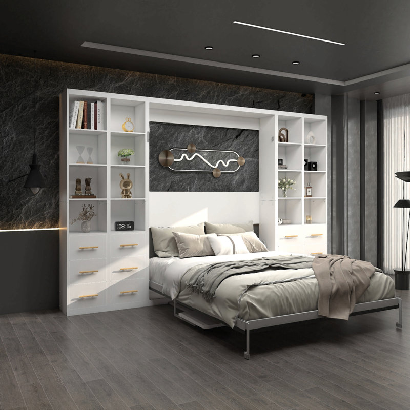 Lit escamotable intégré multifonctionnel avec bibliothèque de bureau pour salle d'étude - Design pliant invisible, lit mural peu encombrant, blanc