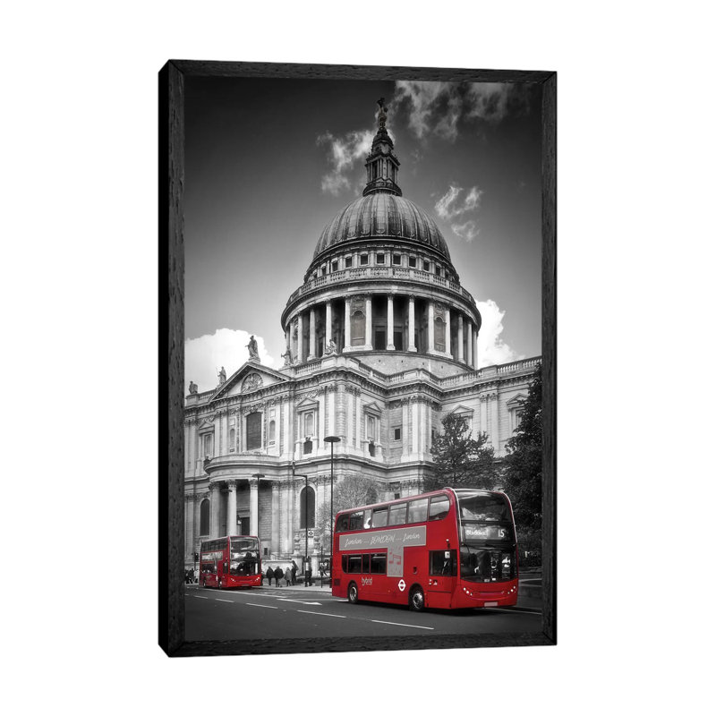 London St. Paul’s Cathedral And Bus by Melanie Viola - Print on Canvas, 66.04cm H x 45.72cm W x 3.81cm D, Black Framed