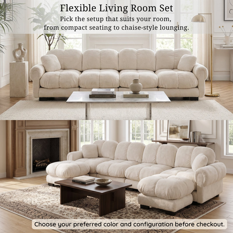Ensemble de canapé modulaire surdimensionné en chenille avec coussins et 1 repose-pieds, blanc ivoire, 1 repose-pieds