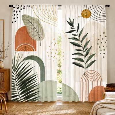 2Pcs de rideaux abstraits à imprimé de feuilles d'arche de Boho, style géométrique moderne, thème bohème, panneaux de fenêtre décoratifs pour le salon, la chambre à coucher, la décoration intérieure, filtrage de la lumière, suspension à passe-tringle