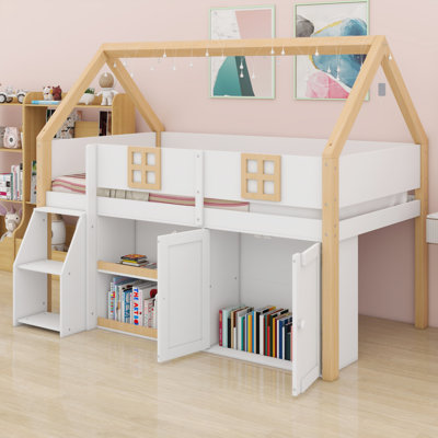 Kids & Teens Low Loft Bed with Staircase, Shelving, Cabinets and LED Lighting