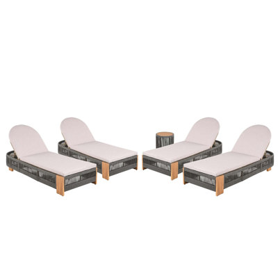 Outdoor Rope Chaise Lounge  Set , Patio Lounge Chairs, Outside Poolside Lounge Furniture, Teak Look Wood Side Table And Beige Cushions, Chaise Lounge With Adjustable Backrest( Grey Rope)