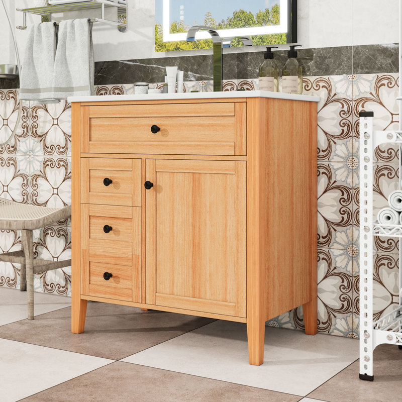 Meuble-lavabo autoportant avec lavabo en céramique, tablette réglable, charnières à fermeture en douceur et grand espace de rangement