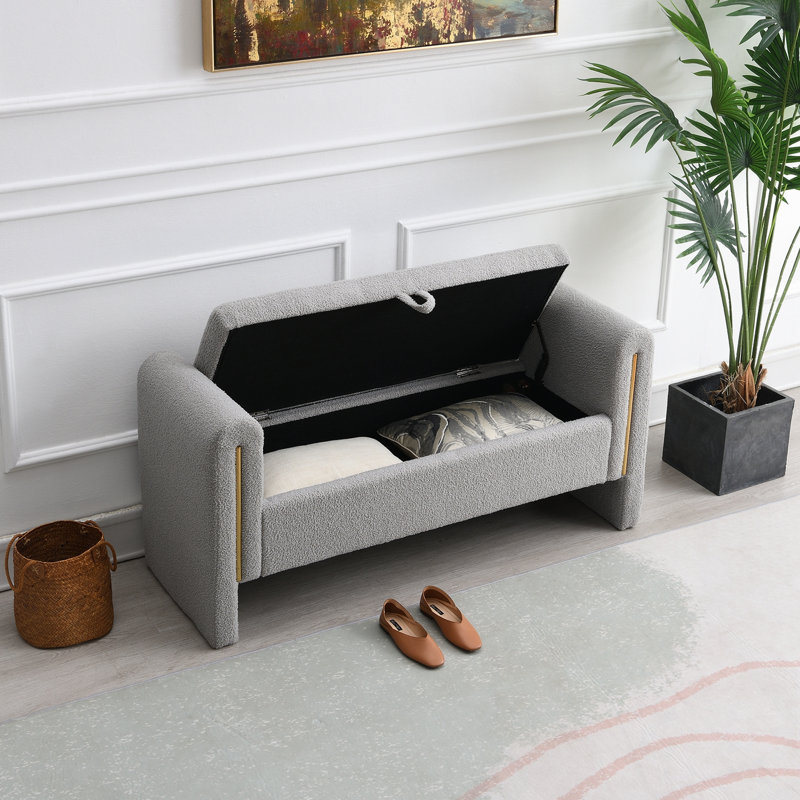 Banc en peluche avec accoudoirs et rangement à couvercle rabattable, Gris