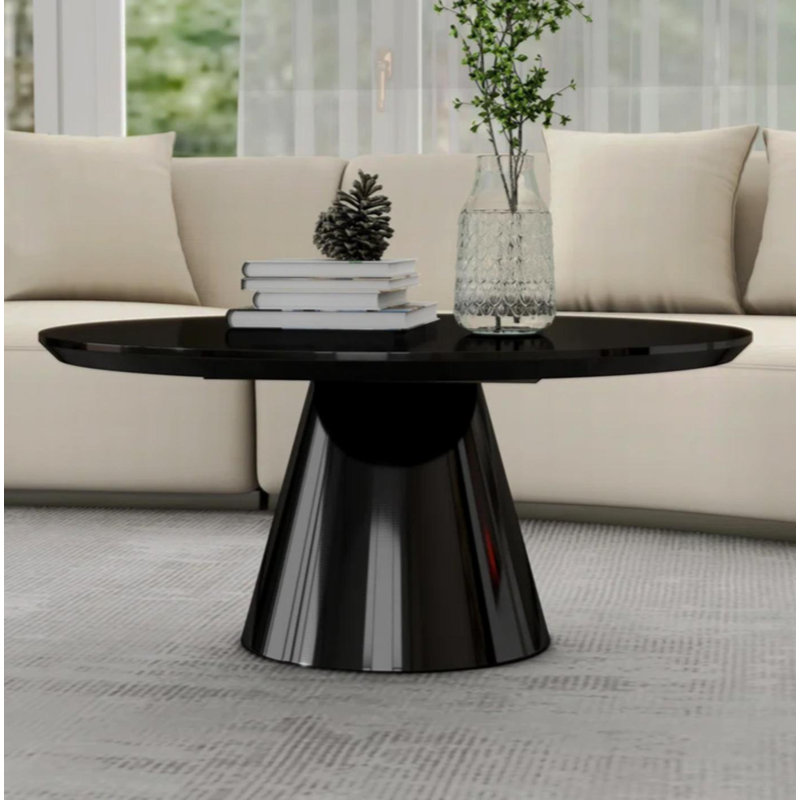 Table basse moderne en cône noir pour salon, finition ultrabrillante, diamètre de 35,4 po