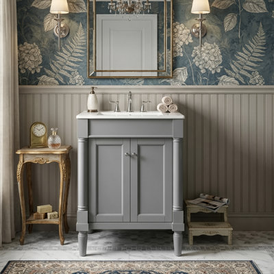 24'' Freestanding Bathroom Vanity With Ceramic Sink, Storage Cabinet With Solid Wood Frame And Storage Shelf
