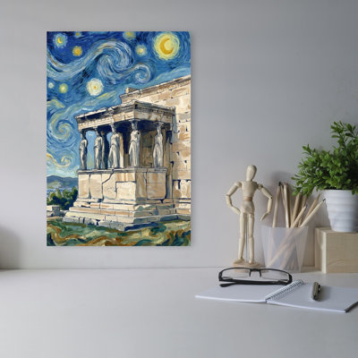 Caryatids Under Starry Sky Classic Colorful Dramatic Architecture Landscape Wall Art Print 1 Piece Wrapped Canvas Wall Art