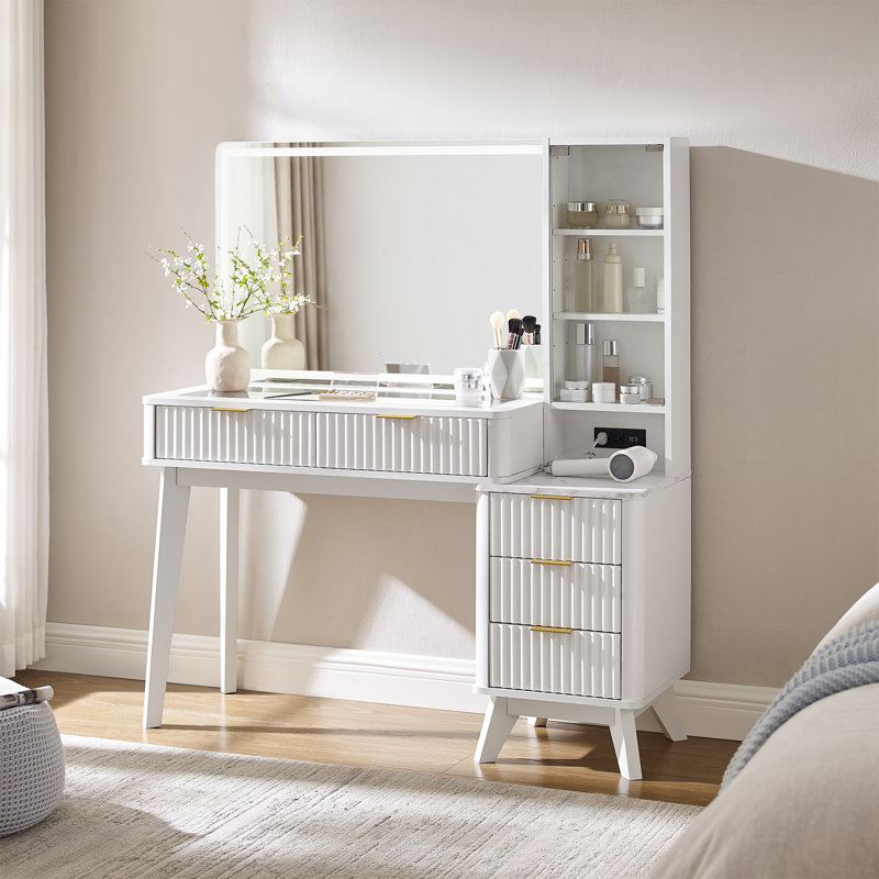 Meuble-lavabo cannelé de 48 po avec grand miroir lumineux 36 po Carsin, plateau en verre, station de charge Carsin, Blanc