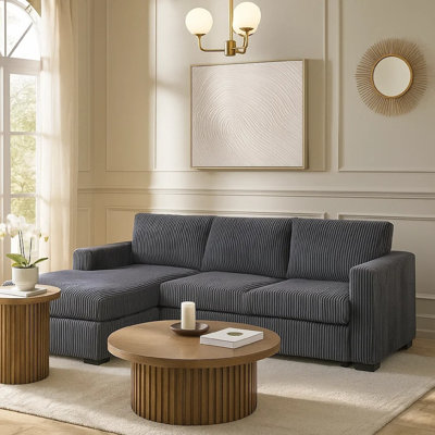 Leah All-In-One Chaise Sectional Sofa, Wide Track Arms, Grey Corduroy