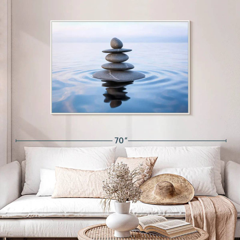 Zen Stone Balance, Cadre flottant blanc, 46 po x 31 po