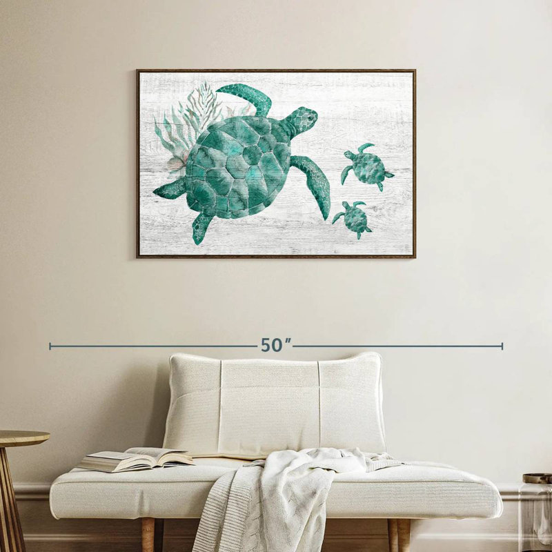 Famille de tortues en bois, 37 po x 25 po, Cadre flottant noyer