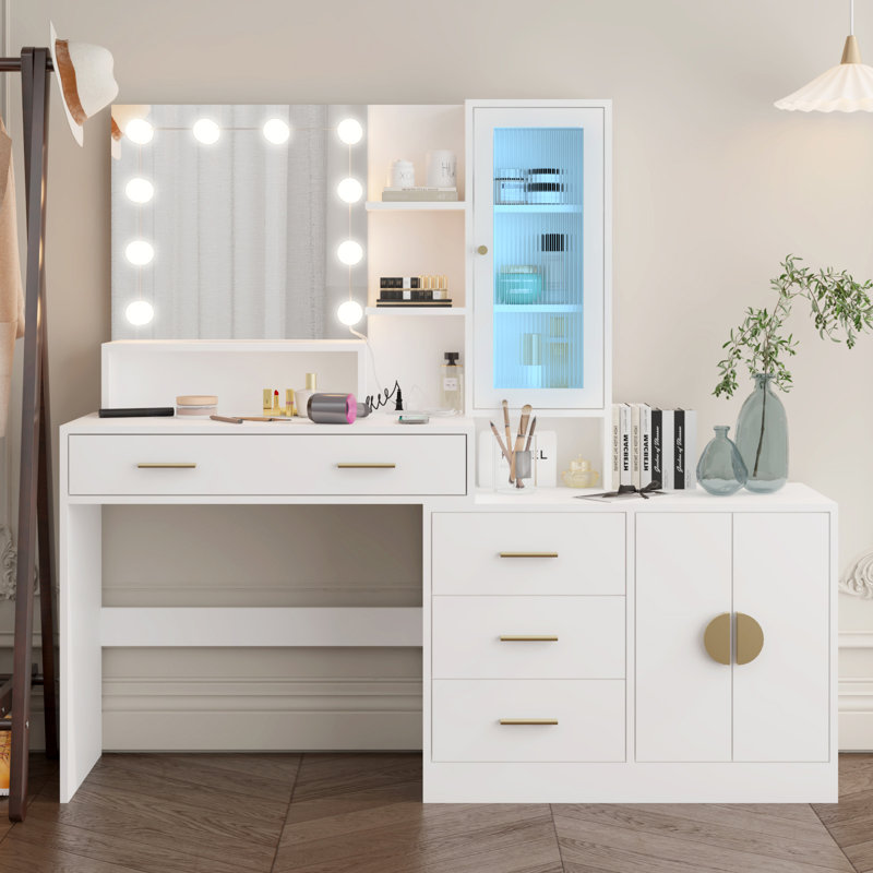 Coiffeuse de maquillage avec lumières, prise USB et prise de courant et armoire à tiroirs, Blanc / Blanc