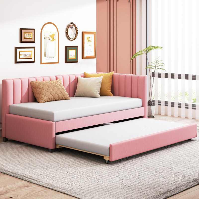 Lit de jour simple avec lit gigogne, revêtu de lin rose, aucun besoin de sommier tapissier, Rose