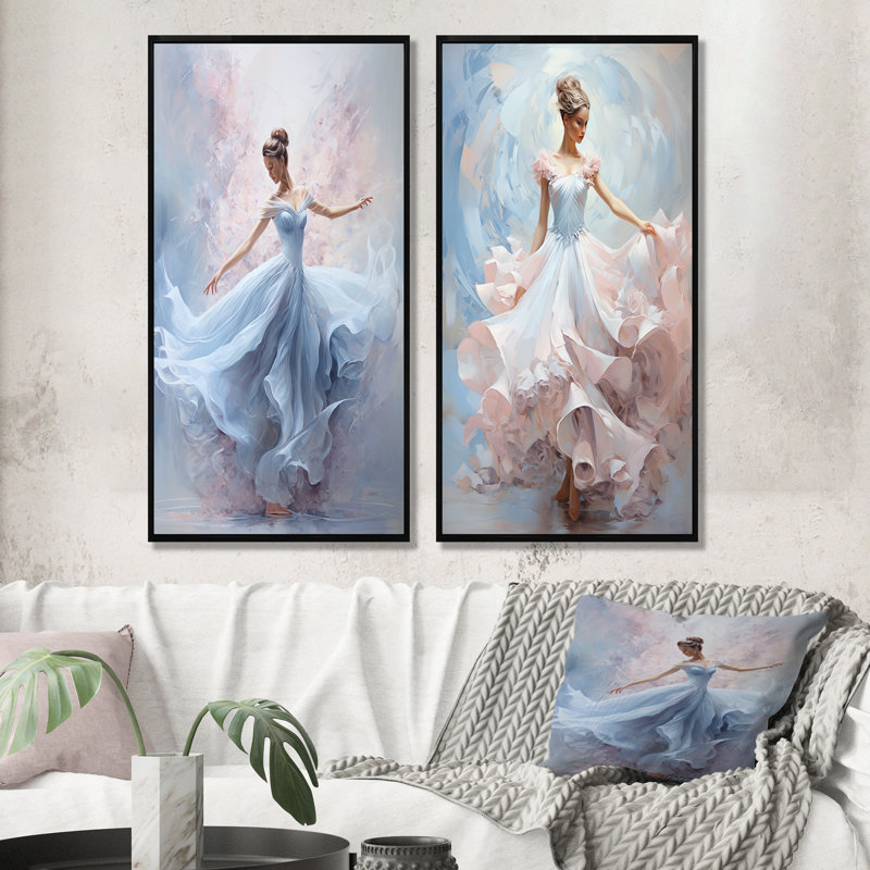 «Blue and White Woman Ballet Solitude I - Ballet Dancer», ensemble de 2 décorations murales, Cadre flottant noir