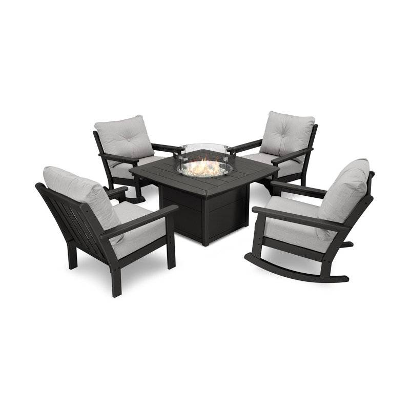 Vineyard 5-Piece Deep Seating Rocking Chair Conversation Set with Fire Pit Table, Black, Canvas Granite