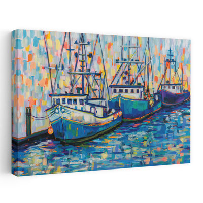 Bateaux dans le port côtier; Nautique noir, bleu, gris, bateau turquoise