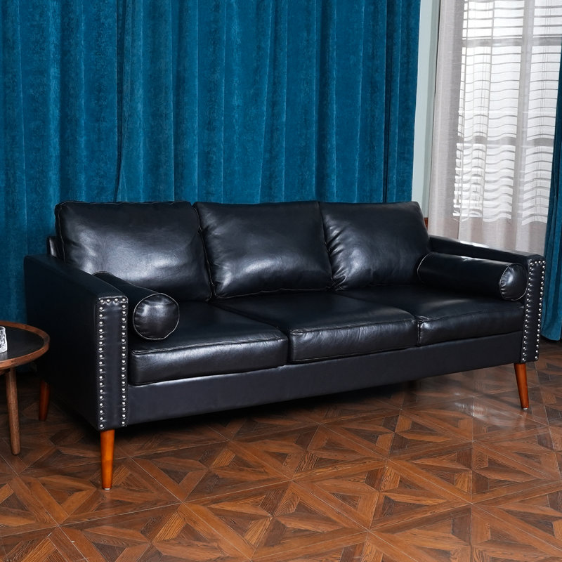 Canapé en cuir George Oliver, canapé 77-1 / 6 po avec coussin souple à haute résilience, canapé noir avec garniture cloutée