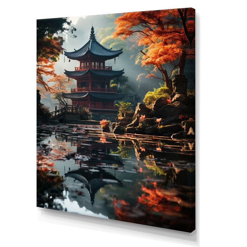 Teije, art asiatique, pagode sereine - impression, H 40 po x l 30 po x P 1,5 po, Toile tendue